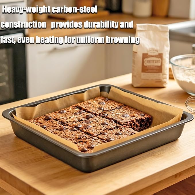 2 PCS Square Nonstick Loaf Pan Set, 8 x 8 Inch Carbon Steel Rectangle Bakeware with 100 Parchment Liners for Baking Toast, Cakes, Banana Breads, Gray