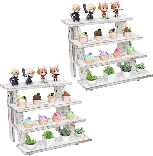 Wooden Cupcake Stand for 24 Cupcakes, 4 Tier Cupcake Display Stand Rustic Tiered Display Stand Dessert Table Display Set Cupcake Stand for Baby Shower Decorations Birthday Party Supplies Perfume Display(White 2Pcs)