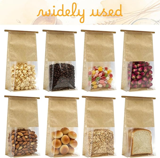 Cookie Bakery Bags with Window Small Bread Baked Goods Packaging Tin Tie Tab Closure & Cute Sticker for Candies, Treats, Snack - Brown Kraft Paper 20 Pcs 11x5.1x3.9 Inch