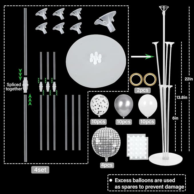 4 Sets Silver Disco Ball Party Balloons Stand Kit with 4 Ball Foil Balloons Disco Themed Balloon 70s 80s 90s Dance Party Balloon Centerpiece for Tables Birthday Prom Graduation Decorations 2026