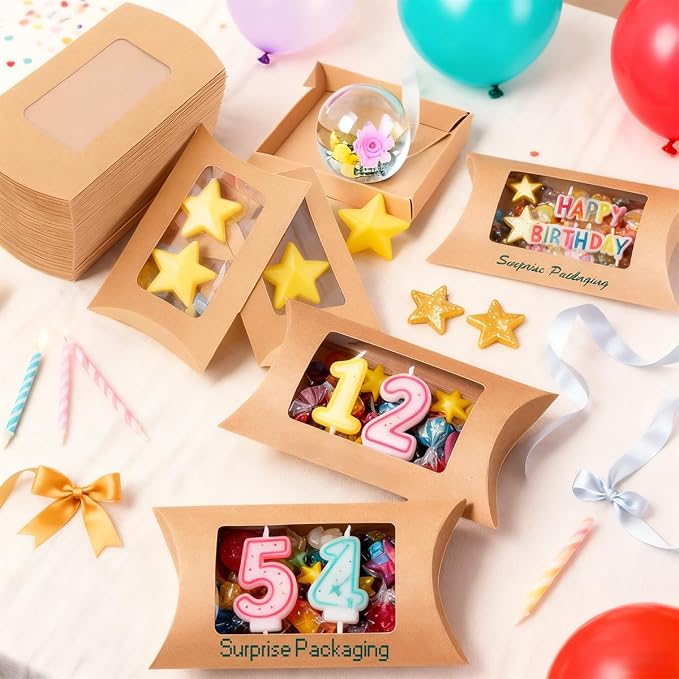 ZAJINJABD 50 Pcs Kraft Pillow Gift Boxes with Clear Windows, Sturdy Mini Folding Treat Boxes for Candy, Bakery, Chocolate, Jewelry, Wedding Party Favors