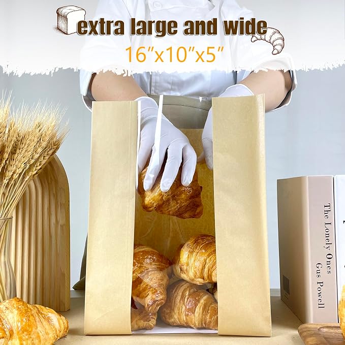 BIUBIU 16 x 10 x 5 Inches Extra Large Paper Bread Bags for Homemade Bread with Window and Sticker for XL Sourdough Bread, Supersized Loaf, Baked Goods, Packaging for Gifting - Brown Kraft 50 Pack