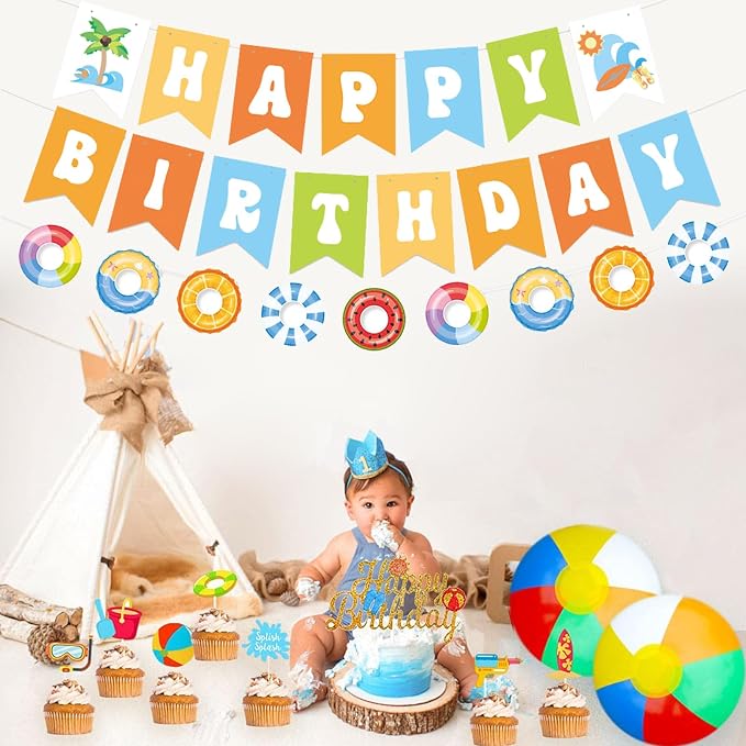 Zwiebeco Seaside Happy Birthday Party Decoration Banner Bunting Garland Hanging Paper for Summer Tropical Hawaiian Beach Pool Themed Boys Girls Kids Accessories Supplies