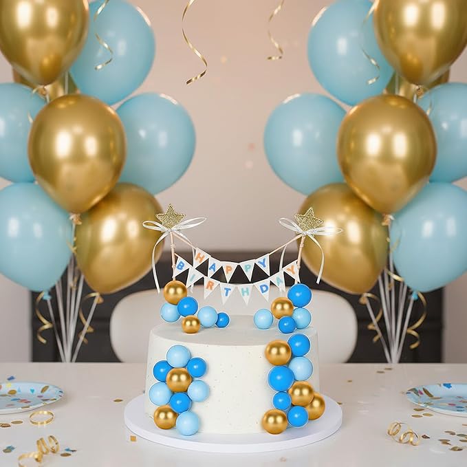 16 Pcs Happy Birthday Cake Topper Cake Bunting Topper Banner with Wood Pole Rainbow Garland with Bow Ribbon Balloon, Mini Cupcake Decor for Birthday Baby Shower (Gold,Light Blue,Dark Blue)
