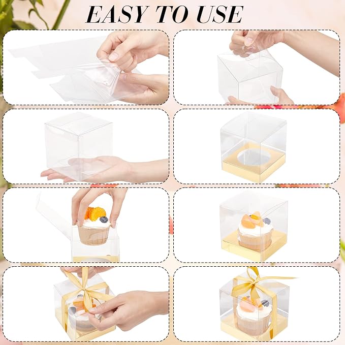96 Pieces Individual Cupcake Boxes Single Cupcake Container Clear Cupcake Carrier Plastic Cupcake Storage Cupcake Holder with Ribbon and Insert for Wedding Birthday Party Favor, 3.5 x 3.5 x 3.5(Gold)