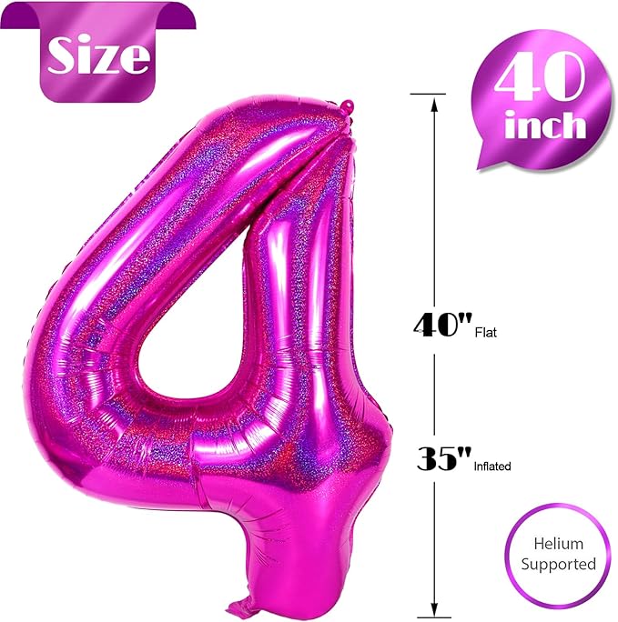 Laser Hot Pink 4 Balloon, Number Balloons 40 Inch, 4th Birthday Decorations for Girls Four Large Numbers for Party Decor, Number 4 Balloon