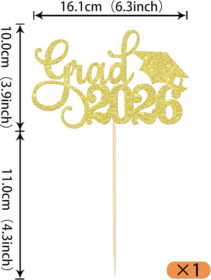 1 Pack Grad 2026 Cake Topper with Glitter Congrats Grad Cap Class of 2026 Cake Pick Decorations for 2026 Graduation Theme School Boys Girls Graduate Party Supplies Gold