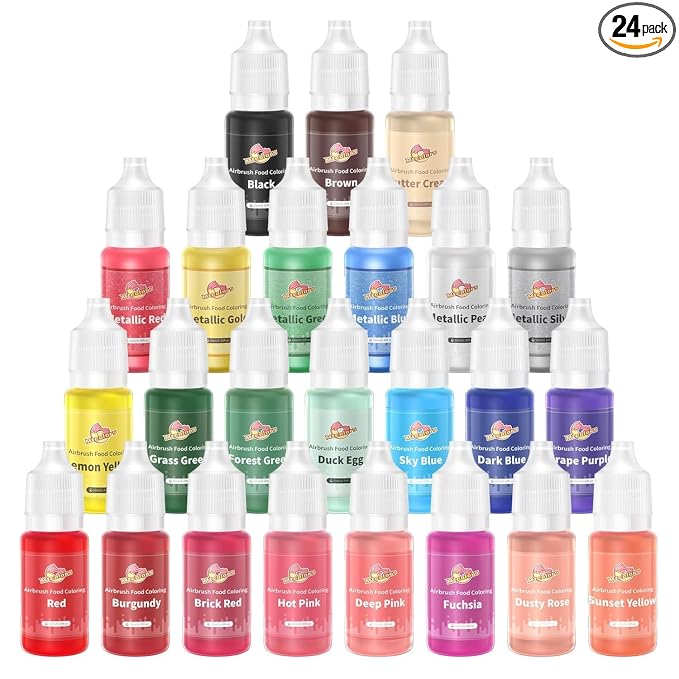Mtcolors 24 Airbrush Food Coloring Liquids, 100% Food Grade Food Coloring for Cake Decorating, Edible Metallic Airbrush Food Colors, 10ml/bottle