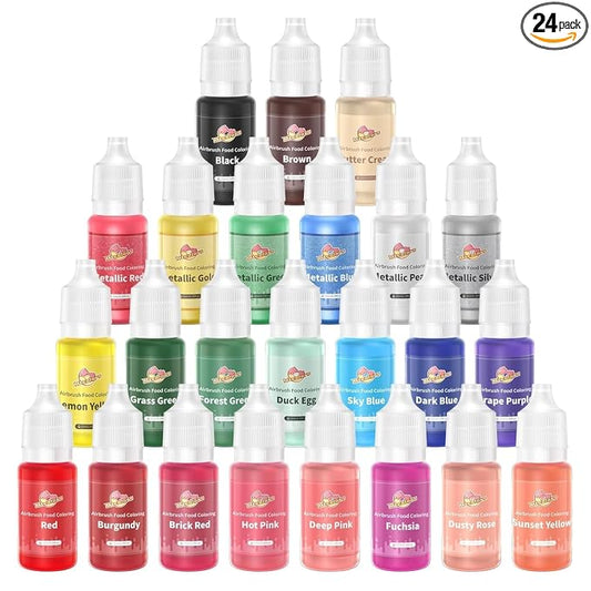 Mtcolors 24 Airbrush Food Coloring Liquids, 100% Food Grade Food Coloring for Cake Decorating, Edible Metallic Airbrush Food Colors, 10ml/bottle