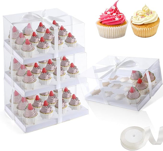 JCD 5.5inches height 4 Sets x 12 Counts Cupcake Containers Clear Plastic Cupcakes Box 12 Holders Dozen Cupcake Boxes, Disposable Cupcake Carrier Holder with Detachable Lid, BPA Free(12count/4pcs)