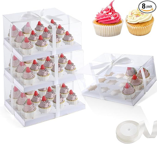 JCD 8 Pack Clear Cupcake Boxes,5.5inches height 12 Counts Cupcake Containers with Gift Ribbon,Bento Boxes with Clear Lid for 12 Cupcakes for Treat Dessert Cookies Muffins Pastry Party (12count/8pcs)