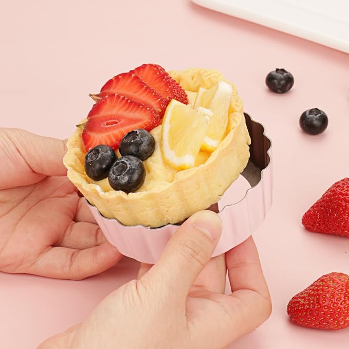 1 Inch Deep Mini Tart Pan Set, 6PCS 3.6 Inch Tart Pans with Removable Bottom and Tart Tamper, Nonstick & Durable Bakeware, Ideal for Mini Pies, Tarts, Quiches, Cheesecakes, (Pink)