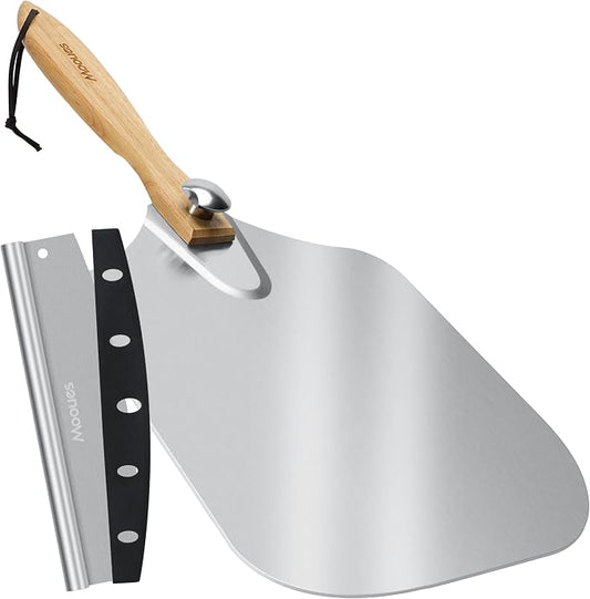 Pizza Peel Aluminum Pizza Spatula,17 inch Metal Pizza Paddle(12"x 17") with Rocker Cutter Foldable Wood Handle, [Storage bag included], for Family Pizza Oven Baking Pizza, Dough, Bread & Pastry