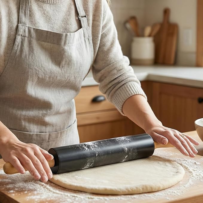 Stainless steel rolling pin by Tansucc, with wooden comfortable handle, non stick rolling pin for baking pastries, bread, and pizza.