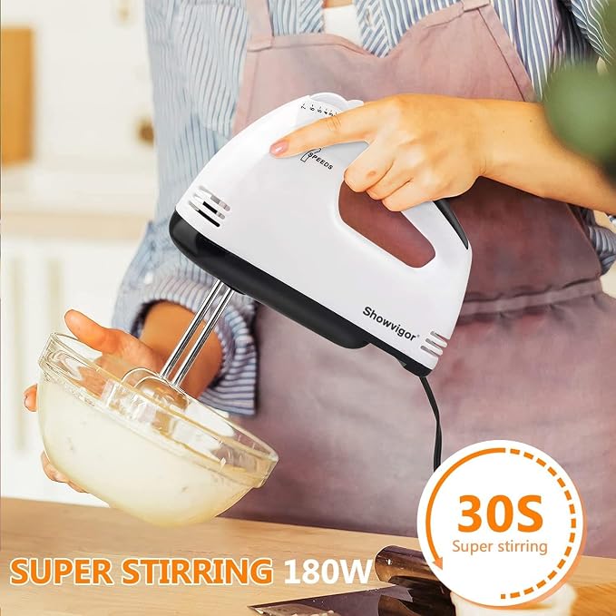 Electric Hand mixer - 7 Adjustable Speed 180W Handheld Mixer Electric Whisk with 5 Stainless Steel Accessories, Turbo Boost/Self-Control Speed + Eject Button Food Beater for Cakes Eggs, Off-white