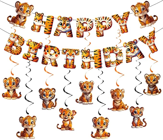 Zwiebeco Tiger Happy Birthday Party Decoration Banner Bunting Garland Hanging Paper Swirls Kit for Safari Wild One Woodland Jungle Theme Baby Shower Accessories Supplies