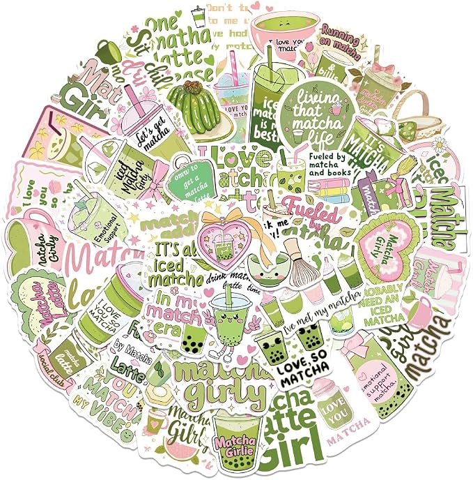 Cute Love Matcha Aesthetic Stickers for Girls, 50PCS Funny Pink Green Vinyl Waterproof Sticker for Water Bottle Scrapbook Laptop Journal Decals, Matcha-Beverage Decoration, Party Favors