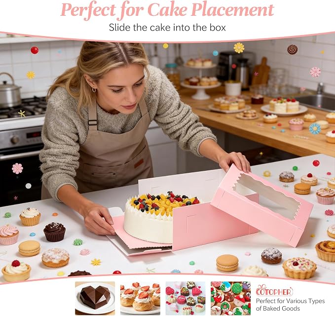 COTOPHER 14x14x6 In Sheet Cake Boxes, 16 Pcs Pink Bakery Boxes with Large Window (8 Boxes & 8 Boards), Cake Containers for Quarter Cakes, Donuts, Cupcakes, Brownie, Pastry & Pies Packaging