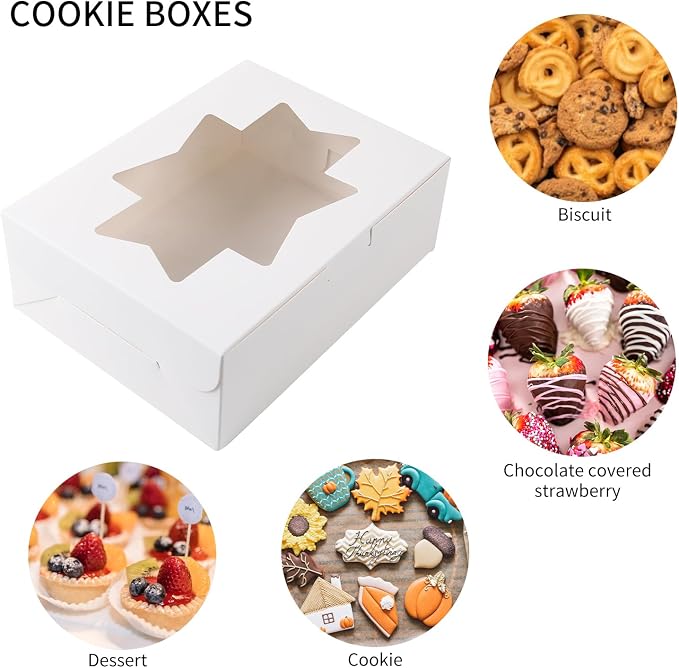 Moretoes 24pcs Bakery Boxes with with 3 Style Window, 8x6x2.5 Treat Boxes for Candies, Chocolate Strawberries, Cakes, Muffins, Donuts