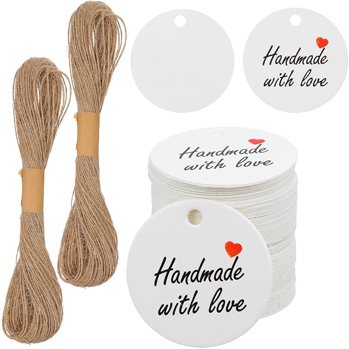 TIESOME 200Pcs Handmade with Love Tags, Paper Gift Labels with Twine String