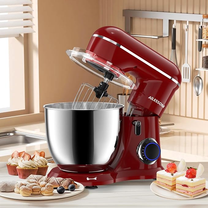SAMSAIMO 3-IN-1 Electric Stand Mixer, 10-Speed With Pulse Button, Attachments include 6.5QT Bowl, Dough Hook, Beater, Whisk for Most Home Cooks (Empire Red)
