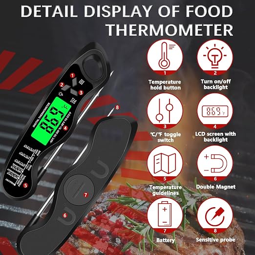 Meat Thermometer Digital，IP67 Waterproof Cooking Thermometer with Backlight, Calibration & Hold Function，Food Thermometer for Cooking,Outdoor Grilling