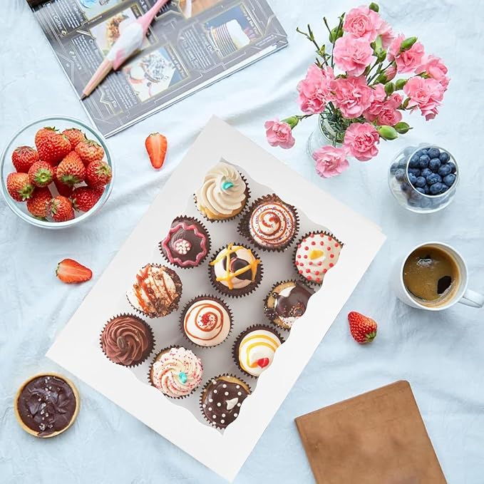 MUMULULU White Bakery Boxes with Window Cookie Boxes Treat Boxes for Desserts Cupcakes Muffins Donut Chocolate Strawberry (7PCS 12×8×2.5)