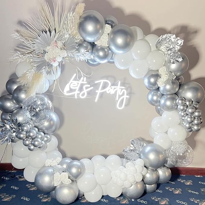 White and Silver Balloon Arch Kit, 140Pcs White Metallic Silver and Silver Confetti Party Balloon Garland Kit for Birthday, Wedding, Engagements, Baby Shower, Anniversary Party Decorations