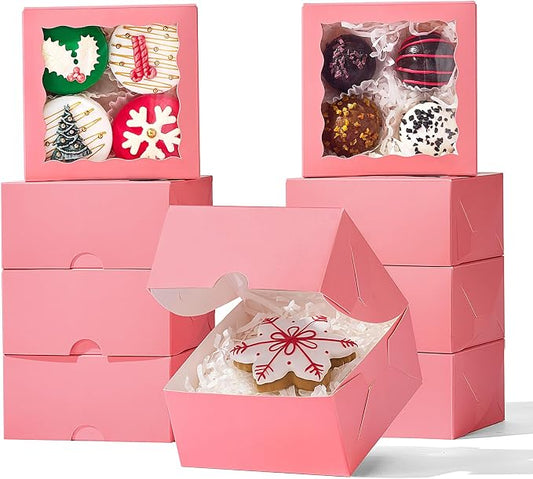 100 Pack 4x4x2 Inches Pink Bakery Boxes with Clear Window Perfect for Packaging Macaron Ores Chocolate Truffle Strawberry Cookie Donut Pie Treat Boxes for Wedding Valentine's Birthday