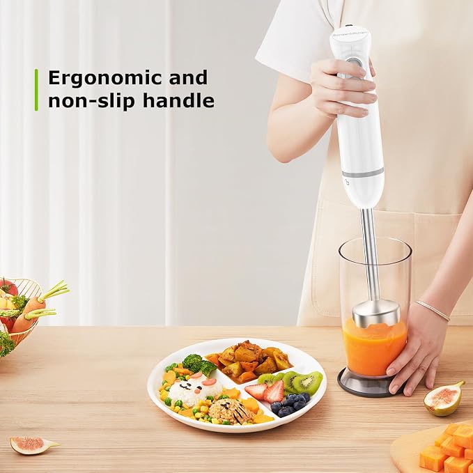 Bonsenkitchen Hand Blender, Immersion Blender with 2 Mixing Speed, Electric Portable Handheld Stick Mixer with Stainless Steel Blades for Soup, Smoothie, Puree, Baby Food, White
