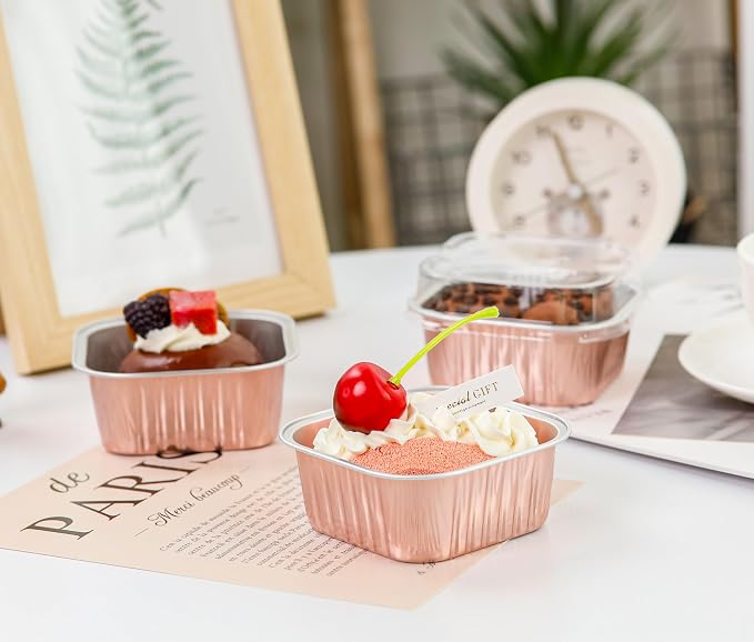 NPLUX 50 Pack Mini Cake Pans with Lids and Spoons Aluminum Foil Pans Square Cake Tins for Bakery Party Wedding, Graduation Gifts Party Favors(Champagne Color,5 oz)