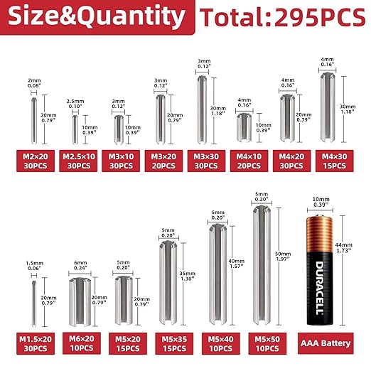 295-Piece Stainless Steel Roll Pin Assortment Kit - Spring Dowels, Slotted Tension Pins & Split Expansion Pins - M1.5 to M6 Sizes (14 Types) - Corrosion-Resistant for Secure Fastening