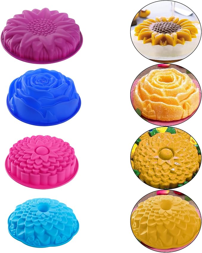 DEAYOU 4 Pack Flower Shape Silicone Cake Molds, Non-Stick Bread Pie Flan Tart Baking Pan Jello Molds, Round Silicone Baking Tray for Brownie, DIY, Anniversary, Birthday