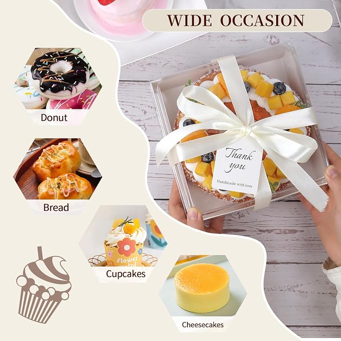 7 x 7 x 4 Inches Paper Cake Boxes with Clear Lids, 50 Pack White Large Charcuterie Square Food Containers, Valentine's Day Disposable Bakery Boxes for 4-6 Inch Bundt Cake, Pie, Dessert