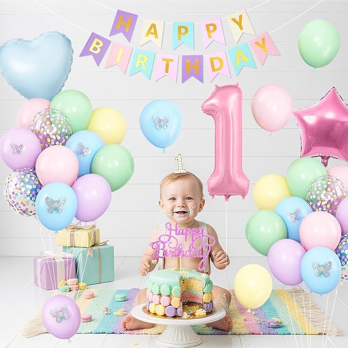 1st Pastel Rainbow Birthday Decorations for Girls,Macaron Pink Blue Purple Green Yellow Colorful Confetti Balloons Banner Star Heart Number 1 Foil Balloon Butterfly Stickers Easter Decor