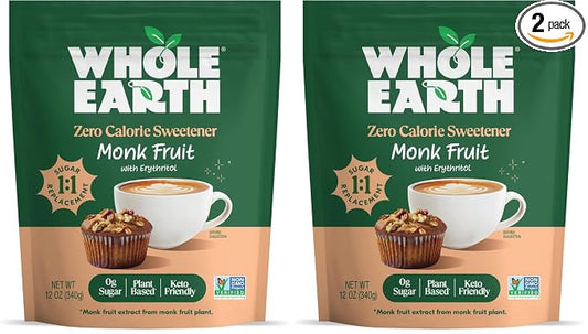 WHOLE EARTH Monk Fruit Sweetener with Erythritol, Plant-Based Sugar Alternative, 12 Ounce Pouch (Pack of 2)