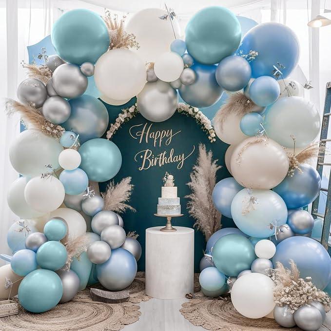 Dusty Blue Balloon Arch Kit, 108 Pcs Blue and Silver Balloon Arch Kit Metallic Silver Sand White Mist Blue Balloon Helium for Kids Boy Party Baby Shower Birthday Bridal Wedding Anniversary Decorations