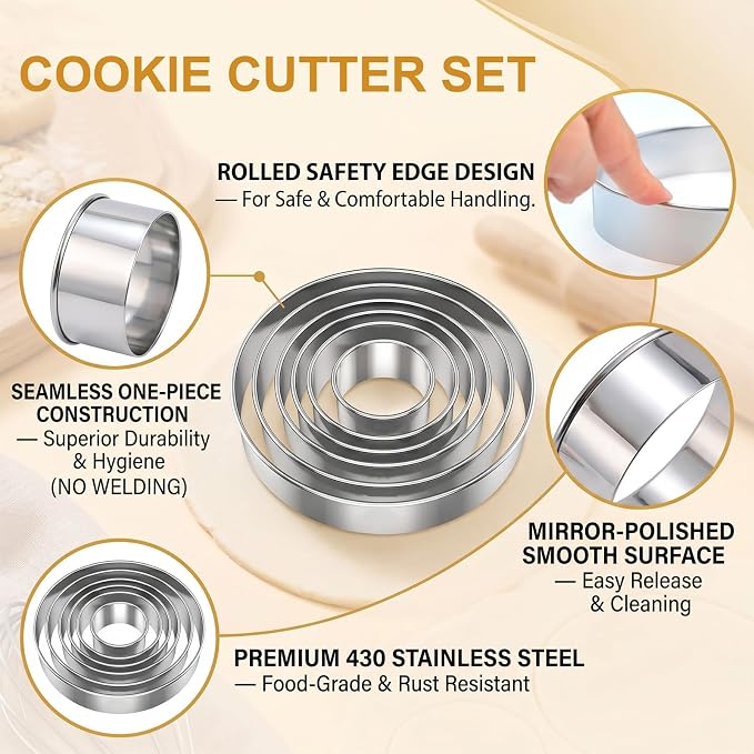 6 PCS Round Cookie Cutters, Stainless Steel Circle Biscuit Cutters for Baking, Multi Size Cookie Shaper for Pastry Donuts Fondant Sandwich