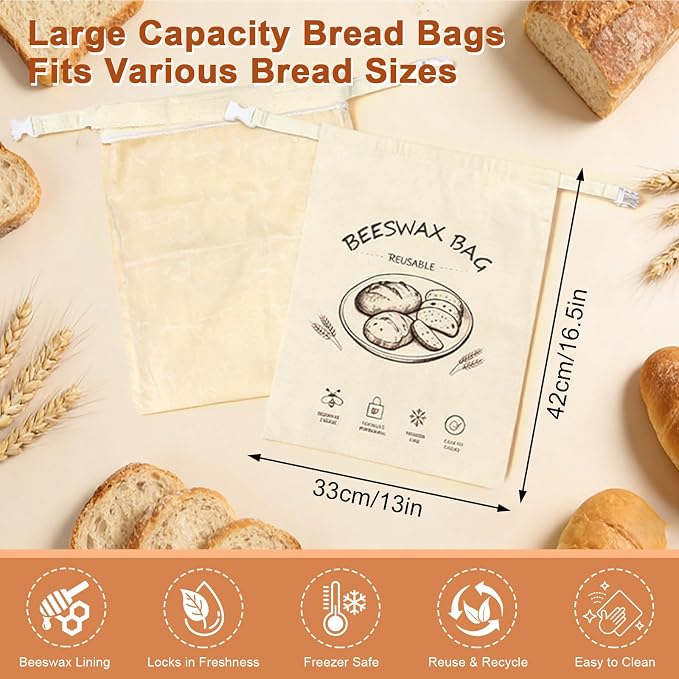 Beeswax Bread Bag 2 Pack, Reusable Organic Cotton Beeswax Bread Bags for Sourdough Homemade Bread, 17x13 Inch Large Capacity, Eco-Friendly, Keep Fresh, Locks in Moisture, Lock Closure, Easy to Clean