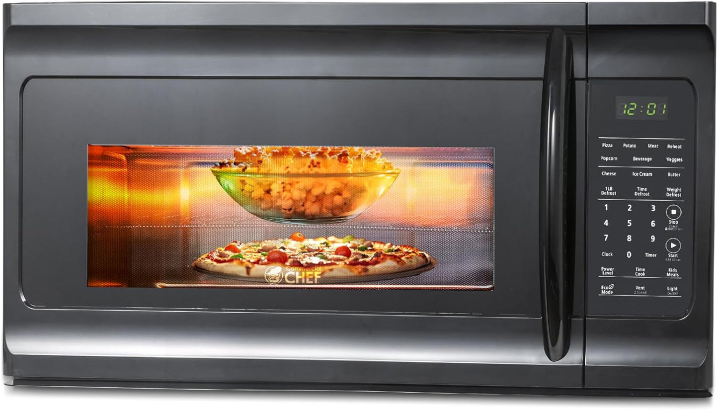 Commercial Chef 1.7 Cu. Ft. Over-The-Range Microwave Oven, 1000 Watt Microwave with 10 Power Levels, 300 CFM Hidden Vent Hood Fan, Touch Controls, LED Display, 10 Preset Options, CHMR17GB, Black