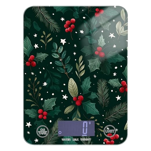 Food Scale Kitchen Scale Food Weight Scales Digital Weight Grams and Ounces Small Electronic Food Scale for Baking Cooking Holly Berries Pine Needles Stars Dark Green