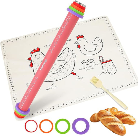 3 Pcs Adjustable Rolling Pin Set with Thickness Rings,15 Inch Silicone Rolling Pin for Dough,Non Stick Baking Roller for Cookies, Pizza, Pie Crust, Pastry, Fondant, Pasta, Kitchen Baking Tool