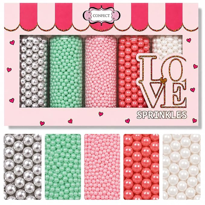 Confect Pearl Sprinkles | Mermaid Party Ball Sprinkles for Cakes & Cupcakes Decoration | Assorted pack of 5 Mix Sliver, Teal, Baby Pink, Bright Red & White Dragees -Vegan, Gluten-Free, Nut-Free, Soy-Free, Dairy-Free, Palm Oil-Free, No Artificial Dyes -...