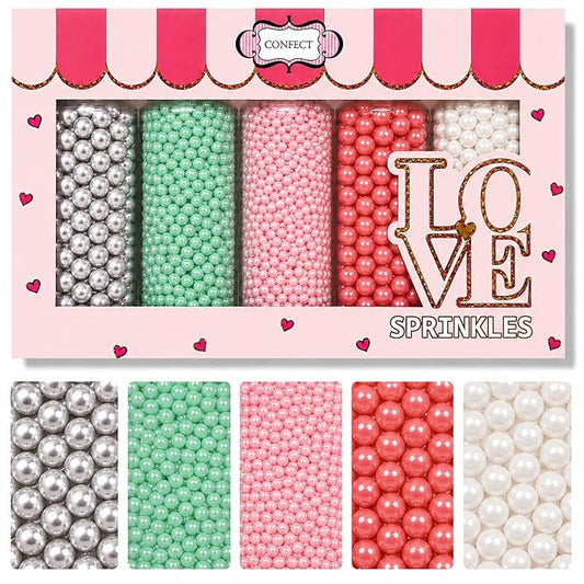 Confect Pearl Sprinkles | Mermaid Party Ball Sprinkles for Cakes & Cupcakes Decoration | Assorted pack of 5 Mix Sliver, Teal, Baby Pink, Bright Red & White Dragees -Vegan, Gluten-Free, Nut-Free, Soy-Free, Dairy-Free, Palm Oil-Free, No Artificial Dyes -...