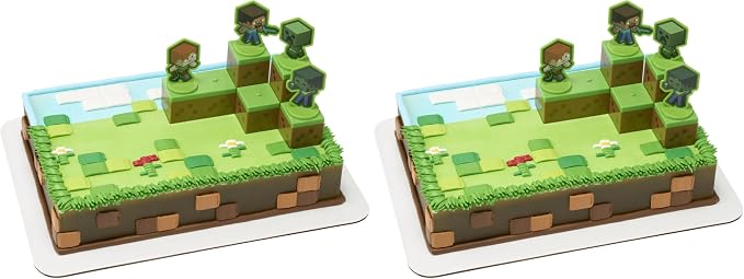 DecoSet® Mobs Beware Minecraft Cake-Topper, 6-Piece Stackable Cake-Decoration, Interlocking 3D Blocks With Characters, Food Safe Birthday Cake Decoration, 2.8 inches (W) x 2.8 inches (H) (Pack of 2)