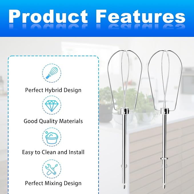 2pcs Hand Mixer Beaters Attachments Compatible with, Universal Stainless Steel Hand Mixer Beaters Replacement for Cooking and Baking Tool Accessory