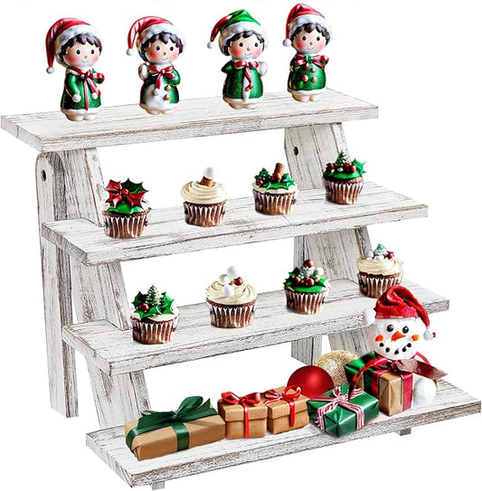 Wooden Cupcake Stand - 4 Tier Cupcake Display Stand, Rustic Tiered Display Stand, Tool Free Installation Cupcake Stand for Wedding Baby Shower Decorations Birthday Party Supplies(White)