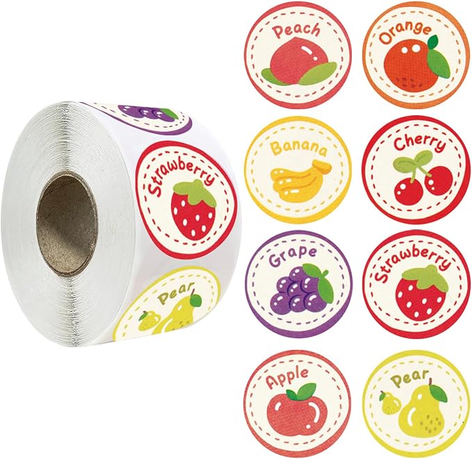 500Pcs Fruit Stickers, Cute 8 Styles 1 Inch Small Peach Orange Banana Cherry Grape Strawberry Apple Pear Sticker Round Roll for Teachers Classroom Rewards Scrapbooking Crafts (Fruit)