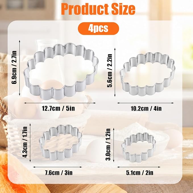 Scalloped Cookie Cutter Set, Assorted Sizes, 5 Inch, 4 Inch, 3 Inch, 2 Inch | Stainless Steel, Fluted Wavy Oval Cookie Cutters Shapes Clay Molds for Kitchen Baking