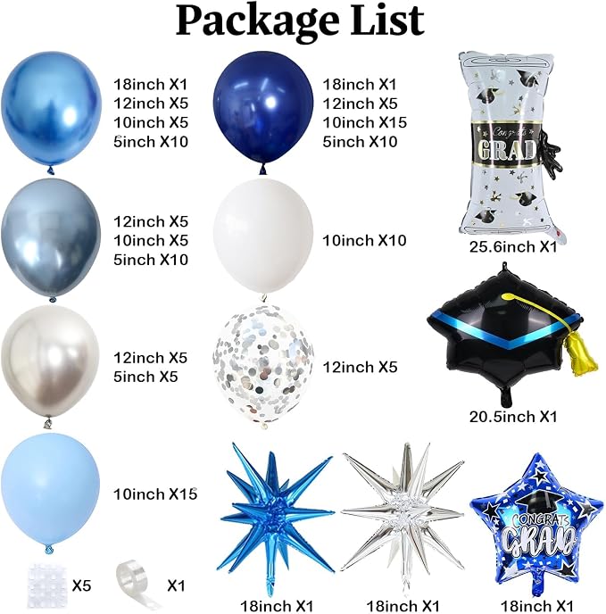 Blue Graduation Balloon Arch Garland Kit 2026, Blue White Graduation Decorations with Foil Grad Cap Diploma Star Balloons for Congrats Class of 2026 Graduates Celebrations Party Decorations